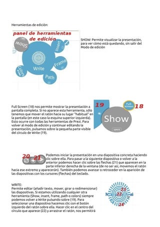 Herramientas de edición:



                                                SHOW: Permite visualizar la presentación,
                                                para ver cómo está quedando, sin salir del
                                                Modo de edición




Full Screen (18) nos permite mostrar la presentación a
pantalla completa. Si no aparece esta herramienta, sólo
tenemos que mover el ratón hacia su lugar "habitual" en
la pantalla (en este caso la esquina superior izquierda).
Esto ocurre con todas las herramientas de Prezi. Para
volver al modo de edición y continuar editando la
presentación, pulsamos sobre la pequeña parte visible
del círculo de Write (19).




                         Podemos iniciar la presentación en una diapositiva concreta haciendo
                         clic sobre ella. Para pasar a la siguiente diapositiva o volver a la
                         anterior podemos hacer clic sobre las flechas (21) que aparecen en la
                         parte inferior derecha de la ventana (de no ser así, movemos el ratón
hacia ese extremo y aparecerán). También podemos avanzar o retroceder en la aparición de
las diapositivas con los cursores (flechas) del teclado.


WRITE:
Permite editar (añadir texto, mover, girar o redimensionar)
las diapositivas. Si estamos utilizando cualquier otra
herramienta (Show, insert, frame, path o colors) siempre
podemos volver a Write pulsando sobre (19). Para
seleccionar una diapositiva hacemos clic con el botón
izquierdo del ratón sobre ella. Hacer clic en el centro del
círculo que aparece (22) y arrastrar el ratón, nos permitirá
 