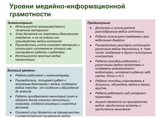 Уровни медийно-информационной 
грамотности 
Элементарный: 
● Используются преимущественно 
печатные материалы 
● Упор делается на стратегии безопасного 
поведения, а не на анализ или 
производство медиа контента 
● Руководитель устно излагает материал и 
использует составление историй как 
инструмент работы с ребятами 
● Используются простые медиа 
презентации 
Продвинутый: 
● Доступны и используются 
разнообразные медиа источники 
● Ребята используют ежедневно свои 
мобильные девайсы 
● Руководитель регулярно использует 
различные медиа технологии, в том 
числе, созданные в других культурных 
контекстах 
● Ребята способны работать с 
различными медиа продуктами и 
создавать медиаконтент - 
видеоочерки, интернет-издания, веб- 
сайты, блоги и т.п. 
● Ребята способны участвовать в 
дискуссии, обсуждать медиа в малых 
группах 
● Ребята работают над интернет- 
проектами 
● Акцент делается на производство 
медиа, юридические аспекты и 
критическое мышление 
Базовый уровень: 
● Ребята работают с компьютерами 
● Руководитель поощряет ребят к 
активным действиям с медиа: создавать 
медиа тексты - от создания и обсуждения 
до анализа 
● Ребята приобретают некоторый опыт в 
области более сложных технологий, 
например, создание анимации и коротких 
фильмов 
● Основной упор делается на преимущества 
и ответственное применение медиа 
 