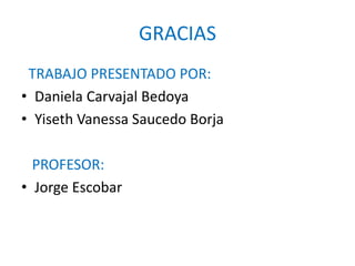 GRACIAS
TRABAJO PRESENTADO POR:
• Daniela Carvajal Bedoya
• Yiseth Vanessa Saucedo Borja
PROFESOR:
• Jorge Escobar
 