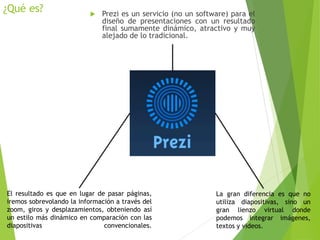 ¿Qué es? Prezi es un servicio (no un software) para el
diseño de presentaciones con un resultado
final sumamente dinámico, atractivo y muy
alejado de lo tradicional.
La gran diferencia es que no
utiliza diapositivas, sino un
gran lienzo virtual donde
podemos integrar imágenes,
textos y videos.
El resultado es que en lugar de pasar páginas,
iremos sobrevolando la información a través del
zoom, giros y desplazamientos, obteniendo así
un estilo más dinámico en comparación con las
diapositivas convencionales.