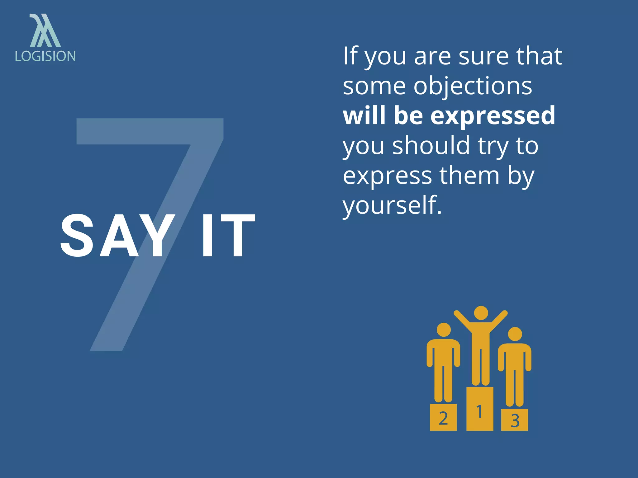 If you are sure that
some objections
will be expressed
you should try to
express them by
yourself.
SAY IT
 
