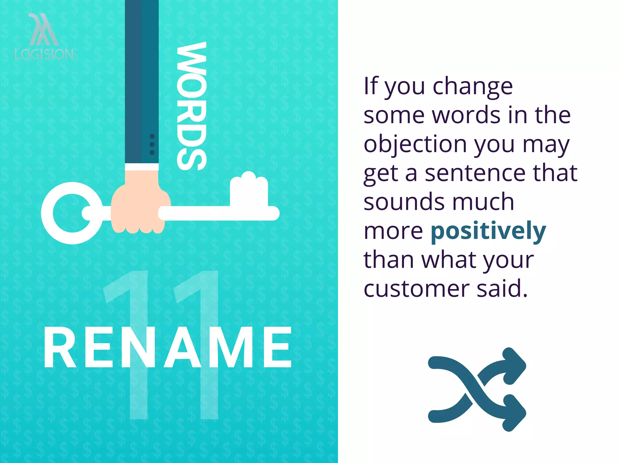 If you change
some words in the
objection you may
get a sentence that
sounds much
more positively
than what your
customer said.
RENAME
 