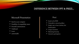 DIFFERENCE BETWEEN PPT & PREZI...
Microsoft Presentation Prezi
• Saved on your computer
• Possibility of compatibility iss...