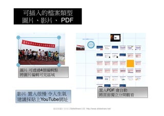 可插入的檔案類型
 圖片、影片、 PDF




圖片 可透過4個編輯點
將圖片編輯可見區域


                                              置入PDF 會自動
影片 置入很慢 令人生氣                                  將頁面獨立分開觀看
建議採貼上YouTube網址
         資訊與圖片皆來自SlideShare官網 http://www.slideshare.net/
 