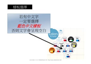 樣板選擇

 若有中文字
 一定要選擇
 藍色中文樣板
否則文字會呈現空白




       資訊與圖片皆來自SlideShare官網 http://www.slideshare.net/
 