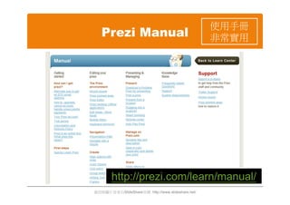 使用手冊
   Prezi Manual                                   非常實用




        http://prezi.com/learn/manual/
資訊與圖片皆來自SlideShare官網 http://www.slideshare.net/
 