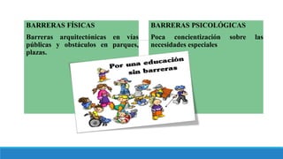 BARRERAS FÍSICAS
Barreras arquitectónicas en vías
públicas y obstáculos en parques,
plazas.
BARRERAS PSICOLÓGICAS
Poca concientización sobre las
necesidades especiales
 