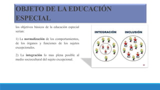OBJETO DE LA EDUCACIÓN
ESPECIAL
los objetivos básicos de la educación especial
serian:
1) La normalización de los comportamientos,
de los órganos y funciones de los sujetos
excepcionales.
2) La integración lo mas plena posible al
medio sociocultural del sujeto excepcional.
 