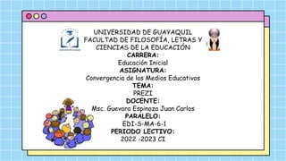 UNIVERSIDAD DE GUAYAQUIL
FACULTAD DE FILOSOFÍA, LETRAS Y
CIENCIAS DE LA EDUCACIÓN
CARRERA:
Educación Inicial
ASIGNATURA:
Convergencia de los Medios Educativos
TEMA:
PREZI
DOCENTE:
Msc. Guevara Espinoza Juan Carlos
PARALELO:
EDI-S-MA-6-1
PERIODO LECTIVO:
2022 -2023 CI
 