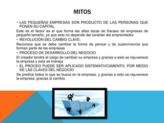 MITOS
 LAS PEQUEÑAS EMPRESAS SON PRODUCTO DE LAS PERSONAS QUE
PONEN SU CAPITAL.
Este es el factor es el que forma las altas tazas de fracaso de empresas de
pequeño tamaño, ya que este no depende del carácter del emprendedor.
 REVOLUCIÓN DEL CAMBIO CLAVE.
Reconoce que se debe cambiar la forma de pensar y de supervivencia que
forman parte de las empresas
 PROCESO DE DESARROLLO DEL NEGOCIO
El creador tendrá el cargo de cambiar su empresa y gracias a esto se rejuvenece
la empresa y esta se maneja
 EL PROCEO PUEDE SER APLICADO SISTEMATIVCAMENTO, POR MEDIO
DE LAS CLAVES DEL NEGOCIO
Se predice todos lo que se busca en la empresa, y gracias a esto se rejuvenece
la empresa, gracias al cambio.
 