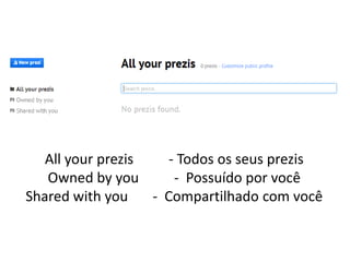 All your prezis
- Todos os seus prezis
Owned by you
- Possuído por você
Shared with you
- Compartilhado com você

 