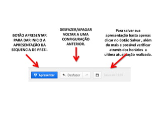 BOTÃO APRESENTAR
PARA DAR INICIO A
APRESENTAÇÃO DA
SEQUENCIA DE PREZI.

DESFAZER/APAGAR
VOLTAR A UMA
CONFIGURAÇÃO
ANTERIOR.

Para salvar sua
apresentação basta apenas
clicar no Botão Salvar , além
do mais e possível verificar
através dos horários a
ultima atualização realizada.

 