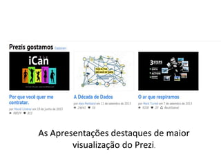 As Apresentações destaques de maior
visualização do Prezi.

 