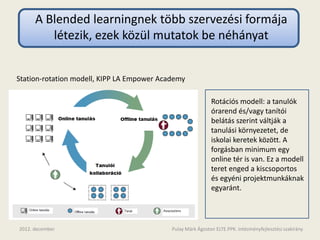 A Blended learningnek több szervezési formája
         létezik, ezek közül mutatok be néhányat


Station-rotation modell, KIPP LA Empower Academy

                                                             Rotációs modell: a tanulók
                                                             órarend és/vagy tanítói
                                                             belátás szerint váltják a
                                                             tanulási környezetet, de
                                                             iskolai keretek között. A
                                                             forgásban minimum egy
                                                             online tér is van. Ez a modell
                                                             teret enged a kiscsoportos
                                                             és egyéni projektmunkáknak
                                                             egyaránt.




2012. december                              Pulay Márk Ágoston ELTE.PPK. Intézményfejlesztési szakirány
 