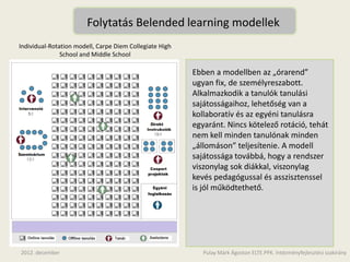 Folytatás Belended learning modellek
Individual-Rotation modell, Carpe Diem Collegiate High
               School and Middle School

                                                         Ebben a modellben az „órarend”
                                                         ugyan fix, de személyreszabott.
                                                         Alkalmazkodik a tanulók tanulási
                                                         sajátosságaihoz, lehetőség van a
                                                         kollaboratív és az egyéni tanulásra
                                                         egyaránt. Nincs kötelező rotáció, tehát
                                                         nem kell minden tanulónak minden
                                                         „állomáson” teljesítenie. A modell
                                                         sajátossága továbbá, hogy a rendszer
                                                         viszonylag sok diákkal, viszonylag
                                                         kevés pedagógussal és asszisztenssel
                                                         is jól működtethető.




2012. december                                              Pulay Márk Ágoston ELTE.PPK. Intézményfejlesztési szakirány
 