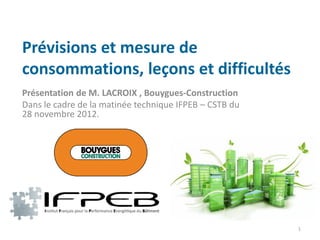 Prévisions et mesure de
consommations, leçons et difficultés
Présentation de M. LACROIX , Bouygues-Construction
Dans le cadre de la matinée technique IFPEB – CSTB du
28 novembre 2012.




                                                        1
 