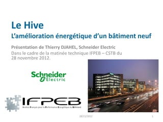 Le Hive
L’amélioration énergétique d’un bâtiment neuf
Présentation de Thierry DJAHEL, Schneider Electric
Dans le cadre de la matinée technique IFPEB – CSTB du
28 novembre 2012.




                                28/11/2012              1
 
