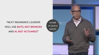 FUTURE
OF SALES &
SERVICE
NEXT INSURANCE LEADERS
WILL USE BOTS, NOT BROKERS
AND AI, NOT ACTUARIES
 