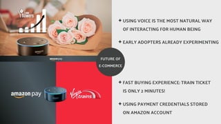 ? USING VOICE IS THE MOST NATURAL WAY
OF INTERACTING FOR HUMAN BEING
? FAST BUYING EXPERIENCE: TRAIN TICKET
IS ONLY 2 MINUTES!
? USING PAYMENT CREDENTIALS STORED
ON AMAZON ACCOUNT
FUTURE OF
E-COMMERCE
? EARLY ADOPTERS ALREADY EXPERIMENTING
 