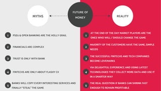 FUTURE OF
MONEY
AT THE END OF THE DAY MARKET PLAYERS ARE THE
ONES WHO WILL / SHOULD CHANGE THE GAME
PSD2 & OPEN BANKING ARE THE HOLLY GRAIL
MYTHS REALITY
FINANCIALS ARE COMPLEX
MAJORITY OF THE CUSTOMERS HAVE THE SAME, SIMPLE
NEEDS
TRUST IS ONLY WITH BANK
THE SUCCESSFUL FINTECHS AND TECH COMPANIES
BECOME LOVEMARKS
BANKS WILL COPY EVERY INTERESTING SERVICES AND
FINALLY STEAL THE GAME
THE REAL QUESTION: IF BANKS CAN SHRINK FAST
ENOUGH TO REMAIN PROFITABLE
VIA DELIGHTFUL EXPERIENCE AND USING LATEST
TECHNOLOGIES THEY COLLECT MORE DATA AND USE IT
IN A SMARTER WAY
1 1
2 2
3
4
5
3
5
FINTECHS ARE ONLY ABOUT FLASHY CX4
 