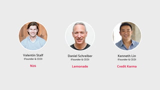 Valentin Stalf
(Founder & CEO)
N26
Daniel Schreiber
(Founder & CEO)
Lemonade
Kenneth Lin
(Founder & CEO)
Credit Karma
 