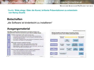 Von der Idee zur Präsentation Quelle:  Slide:ology : Oder die Kunst, brillante Präsentationen zu entwickeln   von  Nancy Duarte  „die Software ist kinderleicht zu installieren“ Botschaften Ausgangsmaterial 