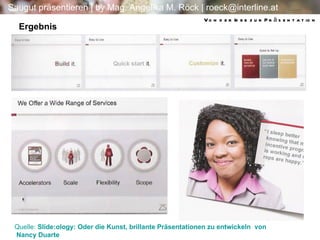 Von der Idee zur Präsentation Quelle:  Slide:ology : Oder die Kunst, brillante Präsentationen zu entwickeln   von  Nancy Duarte   Ergebnis 