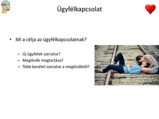 Ügyfélkapcsolat

• Mi a célja az ügyfélkapcsolatnak?
– Új ügyfelek szerzése?
– Meglévők megtartása?
– Több bevétel szerzése a meglévőktől?

 