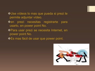 Use vídeos lo mas que pueda si prezi le
permite adjuntar vídeo.
en prezi necesitas registrarte para
usarlo, en power point No.
Para usar prezi se necesita Internet, en
power point No.
Es mas fácil de usar que power point.
