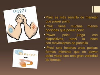Prezi es más sencillo de manejar
que power point.
Prezi tiene muchas menos
opciones que power point
Power point juega con
diapositivas, prezi lo hace
con movimientos de pantalla
.Prezi solo insertas unas poscas
formas mientras que en power
point viene con una gran variedad
de formas.