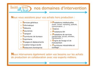 nos domaines d’intervention

Nous vous assistons pour vos achats hors production :
         Services généraux         Prestations intellectuelles
                                   (Audit, conseil, marketing, publicité,
         Informatique              communication….)
         Télécoms                  Intérim
         Assurances                Prestations RH
         Transport                 Prestations de services
         Fournitures de bureaux    (gardiennage, accueil, entretien,
                                   maintenance…)
         Imprimerie
                                   Engins de levage et de
         Voyages et déplacements   manutention
         Location longue durée     Fournitures industrielles et
         Restaurant d’entreprise   outillage …



Nous intervenons également selon vos besoins sur les achats
de production en collaboration avec vos experts métiers.
 