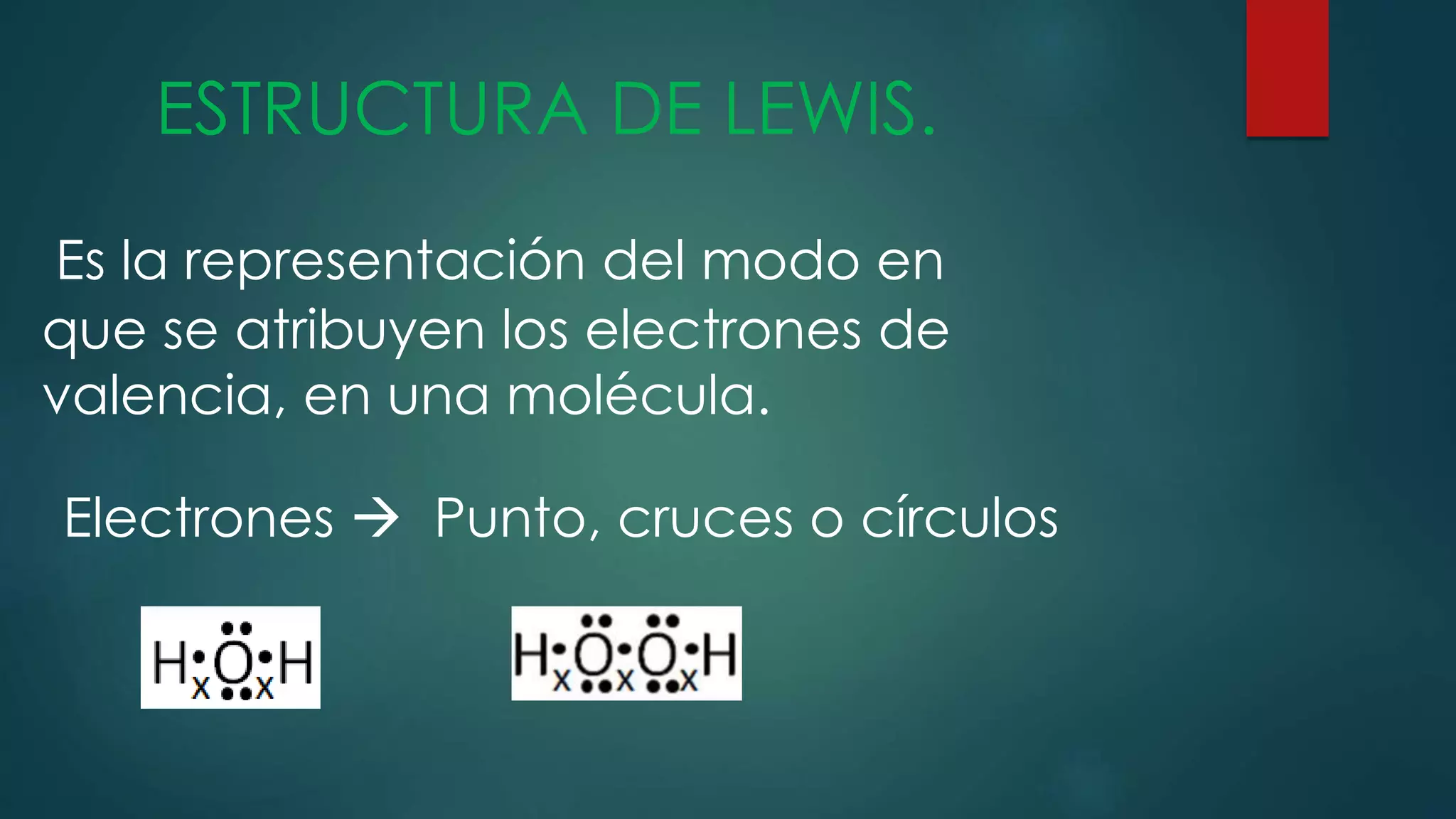 Es la representación del modo en
que se atribuyen los electrones de
valencia, en una molécula.
ESTRUCTURA DE LEWIS.
Electrones  Punto, cruces o círculos
 