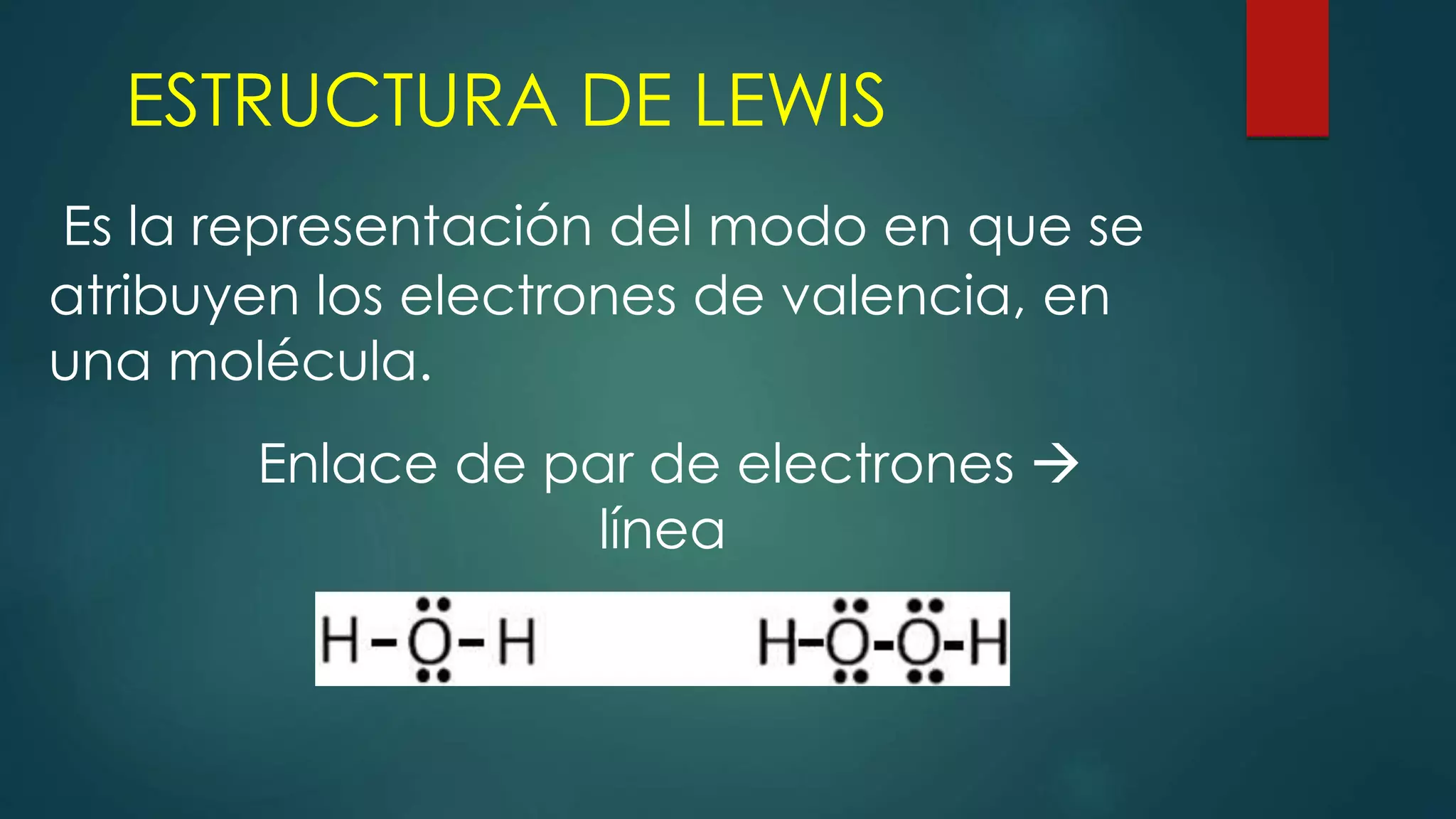 ESTRUCTURA DE LEWIS
Es la representación del modo en que se
atribuyen los electrones de valencia, en
una molécula.
Enlace de par de electrones 
línea
 