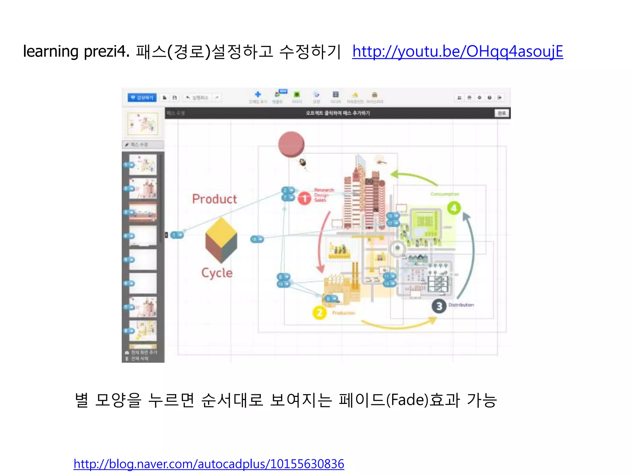 4   패스(경로)설정하고 수정하기                                 http://youtu.be/OHqq4asoujE




                                       페이드효과를 위해
                                       별을 한번 눌러 줍니다.          순서대로 개체를 선택합
                                                              니다.
                                                          2
                                                                         Play를 해봅니다.
                                                                 3
                                       1

                                                                                  5
                                                      4




    패스를 설정해야 쇼(감상하기)가 진행됨
    별 모양을 누르면 순서대로 보여지는 페이드(Fade)효과 가능

                                                                                  6
    http://blog.naver.com/autocadplus/10155630836
 