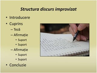 Structura discurs improvizat 
• Introducere 
• Cuprins 
– Teză 
– Afirmație 
• Suport 
• Suport 
– Afirmație 
• Suport 
• Suport 
• Concluzie 
 