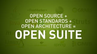 OPEN SUITE
OPEN SOURCE +
OPEN STANDARDS +
OPEN ARCHITECTURE =
 