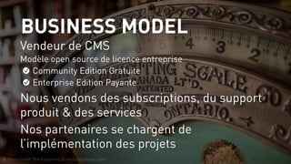 BUSINESS MODEL
Vendeur de CMS
Modèle open source de licence entreprise
Community Edition Gratuite
Enterprise Edition Payante
Nous vendons des subscriptions, du support
produit & des services
Nos partenaires se chargent de
l’implémentation des projets
Photo Credit: The Computing Scale Co by Kenny Louie
 