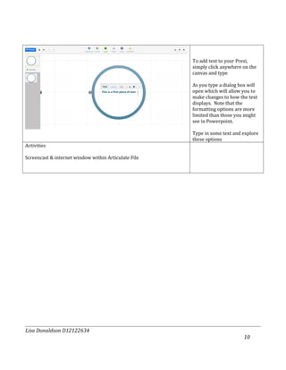 To add text to your Prezi,
                                                      simply click anywhere on the
                                                      canvas and type

                                                      As you type a dialog box will
                                                      open which will allow you to
                                                      make changes to how the text
                                                      displays. Note that the
                                                      formatting options are more
                                                      limited than those you might
                                                      see in Powerpoint.

                                                      Type in some text and explore
                                                      these options
Activities

Screencast & internet window within Articulate File




Lisa Donaldson D12122634
                                                                             10
 