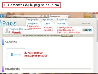 1. Elementos de la página de inicio



                 Sus prezis       Aprender      Explorar

                 3. Agrupa las
                 presentaciones    3. Videos    3. Navegar otras
                                   tutoriales   presentaciones en
   1. Usuario                                   línea -ver, copiar, enviar-




                2. Para generar
                nueva presentación
 