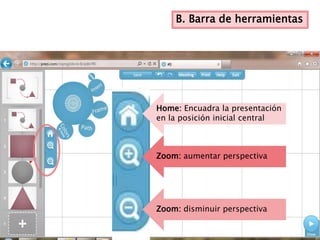 B. Barra de herramientas




Home: Encuadra la presentación
en la posición inicial central



Zoom: aumentar perspectiva




Zoom: disminuir perspectiva
 