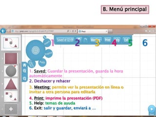 B. Menú principal




           1            2         3          4       5   6


1. Saved: Guardar la presentación, guarda la hora
automáticamente
2. Deshacer y rehacer
3. Meeting: permite ver la presentación en línea o
invitar a otra persona para editarla
4. Print: imprime la presentación (PDF)
5. Help: temas de ayuda
6. Exit: salir y guardar, enviará a …
 