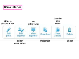 Barra inferior



                                                         Guardar
  Editar la                       Ver                      una
presentación                  entre varios                copia




                  Editar                     Descargar             Borrar
               entre varios
 