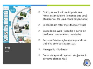 



Sensação de estar mais fluido e visual



Baseado na Web (pode-se trabalhar a partir de
qualquer computador conectado)



Pro

Grátis, se você não se importa dos Prezis estarem
públicos (a menos que você faça um upgrade ou
tenha uma conta educacional)

Tem recurso de colaboração que facilita a
montagem conjunta de uma apresentação.



Possui navegação não-linear



Curva de aprendizagem curta (se você quer
realmente aprender)

Prezi

 