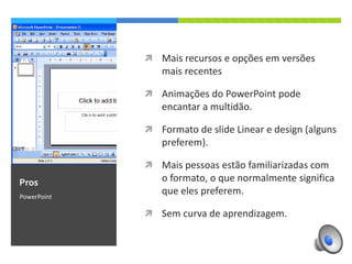 


Animações do PowerPoint pode encantar a
multidão.



Pro

Mais recursos e opções em versões mais
recentes

Formato de slide Linear e design (alguns
preferem).



Mais pessoas estão familiarizadas com o
formato, o que normalmente significa que
eles preferem.



Sem curva de aprendizagem.

PowerPoint

 