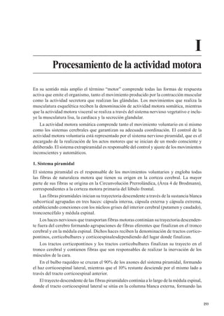 253
I
Procesamiento de la actividad motora
En su sentido más amplio el término “motor” comprende todas las formas de respuesta
activa que emite el organismo, tanto el movimiento producido por la contracción muscular
como la actividad secretora que realizan las glándulas. Los movimientos que realiza la
musculatura esquelética reciben la denominación de actividad motora somática, mientras
que la actividad motora visceral se realiza a través del sistema nervioso vegetativo e inclu-
ye la musculatura lisa, la cardíaca y la secreción glandular.
La actividad motora somática comprende tanto el movimiento voluntario en sí mismo
como los sistemas cerebrales que garantizan su adecuada coordinación. El control de la
actividad motora voluntaria está representado por el sistema nervioso piramidal, que es el
encargado de la realización de los actos motores que se inician de un modo consciente y
deliberado. El sistema extrapiramidal es responsable del control y ajuste de los movimientos
inconscientes y automáticos.
1. Sistema piramidal
El sistema piramidal es el responsable de los movimientos voluntarios y engloba todas
las fibras de naturaleza motora que tienen su origen en la corteza cerebral. La mayor
parte de sus fibras se origina en la Circunvolución Prerrolándica, (Área 4 de Brodmann),
correspondientes a la corteza motora primaria del lóbulo frontal.
Las fibras piramidales inician su trayectoria descendente a través de la sustancia blanca
subcortical agrupadas en tres haces: cápsula interna, cápsula externa y cápsula extrema,
estableciendo conexiones con los núcleos grises del interior cerebral (putamen y caudado),
troncoencéfalo y médula espinal.
Los haces nerviosos que transportan fibras motoras continúan su trayectoria descenden-
te fuera del cerebro formando agrupaciones de fibras eferentes que finalizan en el tronco
cerebral y en la médula espinal. Dichos haces reciben la denominación de tractos cortico-
pontinos, corticobulbares y corticoespinalesdependiendo del lugar donde finalizan.
Los tractos corticopontinos y los tractos corticobulbares finalizan su trayecto en el
tronco cerebral y contienen fibras que son responsables de realizar la inervación de los
músculos de la cara.
En el bulbo raquídeo se cruzan el 90% de los axones del sistema piramidal, formando
el haz corticoespinal lateral, mientras que el 10% restante desciende por el mismo lado a
través del tracto corticoespinal anterior.
El trayecto descendente de las fibras piramidales continúa a lo largo de la médula espinal,
donde el tracto corticoespinal lateral se sitúa en la columna blanca externa, formando las
 