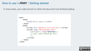 How to use : Getting started
<html>
<head>
<title>Hello jQuery</title>
</head>
<body>
<script src="jquery-1.11.3.min.js"></script>
<script type="text/javascript">
$(document).ready(function(){
// your code should go here
});
</script>
</body>
</html>
In most cases, your code should run when the document has finished loading.
 