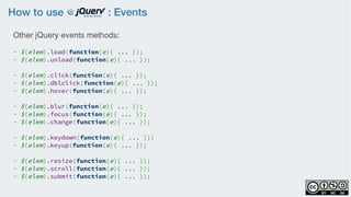 How to use : Events
Other jQuery events methods:
- $(elem).load(function(e){ ... });
- $(elem).unload(function(e){ ... });
- $(elem).click(function(e){ ... });
- $(elem).dblclick(function(e){ ... });
- $(elem).hover(function(e){ ... });
- $(elem).blur(function(e){ ... });
- $(elem).focus(function(e){ ... });
- $(elem).change(function(e){ ... });
- $(elem).keydown(function(e){ ... });
- $(elem).keyup(function(e){ ... });
- $(elem).resize(function(e){ ... });
- $(elem).scroll(function(e){ ... });
- $(elem).submit(function(e){ ... });
 