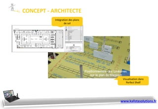 CONCEPT - ARCHITECTE
Visualisation dans
Perfect Shelf
Intégration des plans
de sol
www.kalistasolutions.fr
 