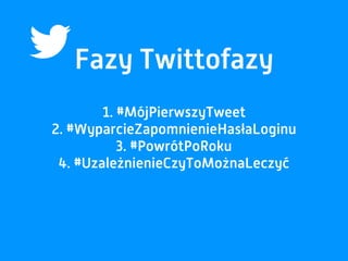 Fazy Twittofazy
1. #MójPierwszyTweet
2. #WyparcieZapomnienieHasłaLoginu
3. #PowrótPoRoku
4. #UzależnienieCzyToMożnaLeczyć
 
