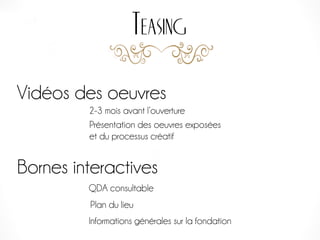 Teasing
Vidéos des oeuvres
2-3 mois avant l’ouverture
Présentation des oeuvres exposées 
et du processus créatif
Bornes interactives
QDA consultable
Plan du lieu
Informations générales sur la fondation
 